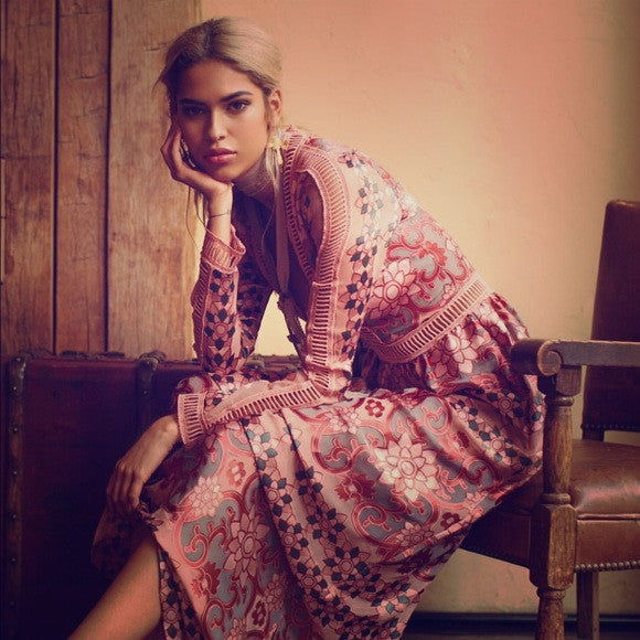 Boho Maxi Dress "Juliet" Pink Mosaic Print With Blush Pink Ladder Croc Made4Walkin Boho Maxi Dress "Juliet" Pink Mosaic Print With Blush Pink Ladder Croc Made4Walkin