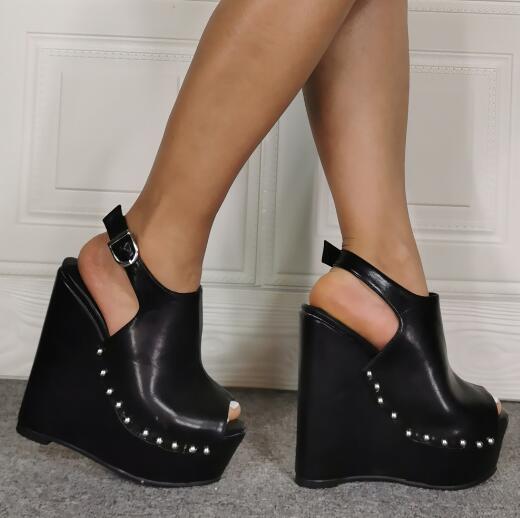 Black Peep Toe Wedge Platform Shoes Buckle Strap Boho Hippie Platforms Great With Bell Bottoms Available In Womens Sizes 13 Half Sizes Too