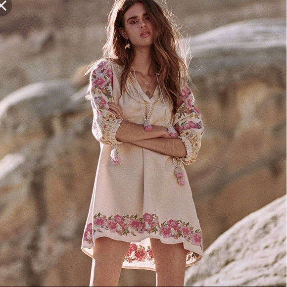 Cleo Embroidered Tunic Dress Boho Ivory With Pink Floral Embroidery Hem Lantern Sleeves Tassel Ties Small Medium Or Large Cleo Embroidered Tunic Dress Boho Ivory With Pink Floral Embroidery Hem Lantern Sleeves Tassel Ties Small Medium Or Large