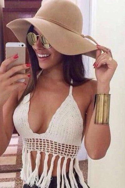 White Crochet Halter With Tassel Fringe Boho Festival Bralette