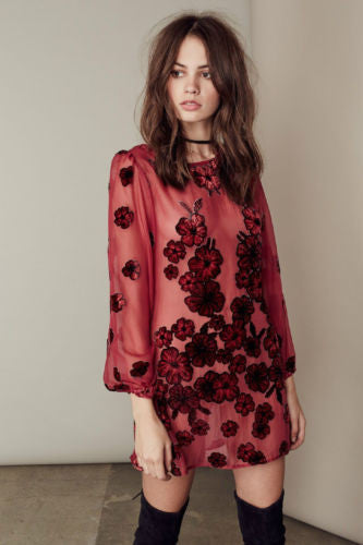 Boho Mini Dress Red Sheer Mesh Black Floral "Heather" Long Puffed Slee Made4Walkin Boho Mini Dress Red Sheer Mesh Black Floral "Heather" Long Puffed Slee Made4Walkin