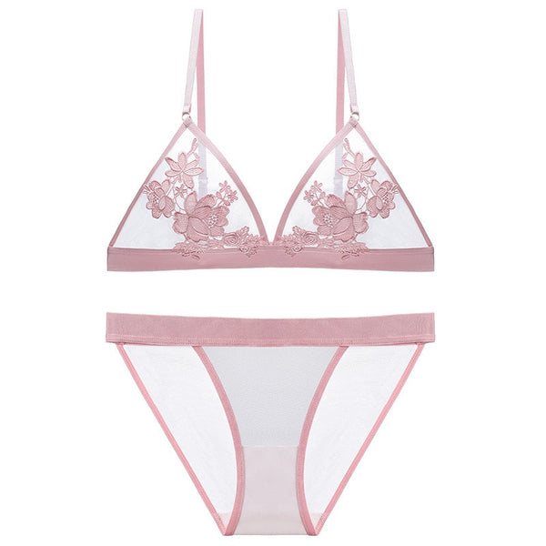 Triangle Bra Set Mesh With Embroidered Flower Applique Plus Mesh Panties 5 Different Color Sets You Choose Tulum Floral Stretch Bralette For Girls Who Love Lemons Sizes Small 32 Medium 34 Large 36 Or Extra Large 38