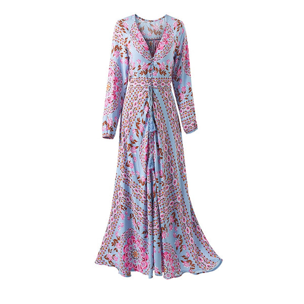 Pandora Maxi Dress Aquarium Blue Floral Pink Long Peasant Sleeves Gown Button Front Slit Or No Slit Tassel Tie Waist Available In Small Medium Large Or XL