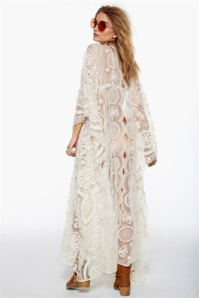 Mandala Mykonos Kaftan White Lace Caftan Maxi Dress See Through Seductive Cover Up One Size
