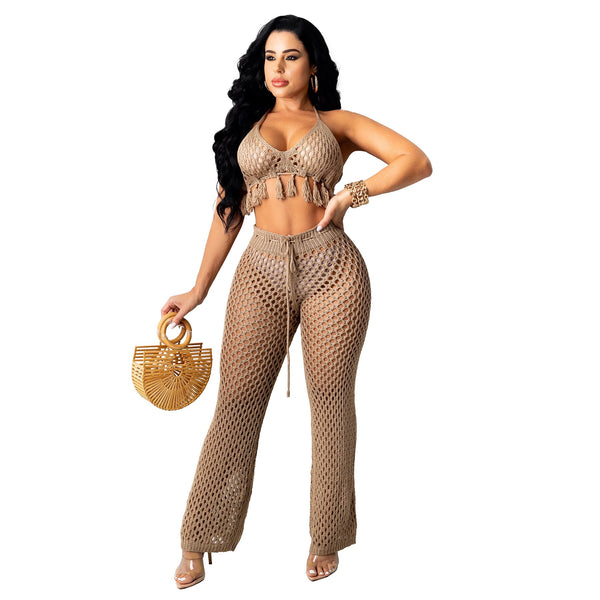 Fishnet Pants And Tassel Top Set In 5 Different Colors You Choose Tan White Black Orange Or Pink Stretch Crochet Drawstring Waist Festival Outfit Or Beach Cover Up Available In Sizes Small Medium Large Or XL