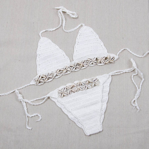 Crochet Cowrie Shell Bikini Black Or White You Choose Boho Triangle Top & Tie Side Bottoms Seashell Beach Swimsuit One Size Fits Small Medium Or Large