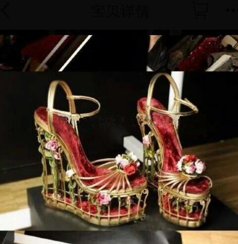 Bird Cage Platforms Bohemian Gold Or Silver Wedge Sandals With Tiny Pink Roses Runway Shoes Avaiilable In Sizes 6 - 10