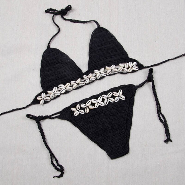 Crochet Cowrie Shell Bikini Black Or White You Choose Boho Triangle Top & Tie Side Bottoms Seashell Beach Swimsuit One Size Fits Small Medium Or Large