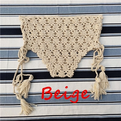 Crochet High Waist Bikini Bottoms With Lace Up Sides 4 Different Colors White Beige Black Or Lake Blue "Candice" Shorts With Boho Tassel Laces Available In Small Medium Or Large