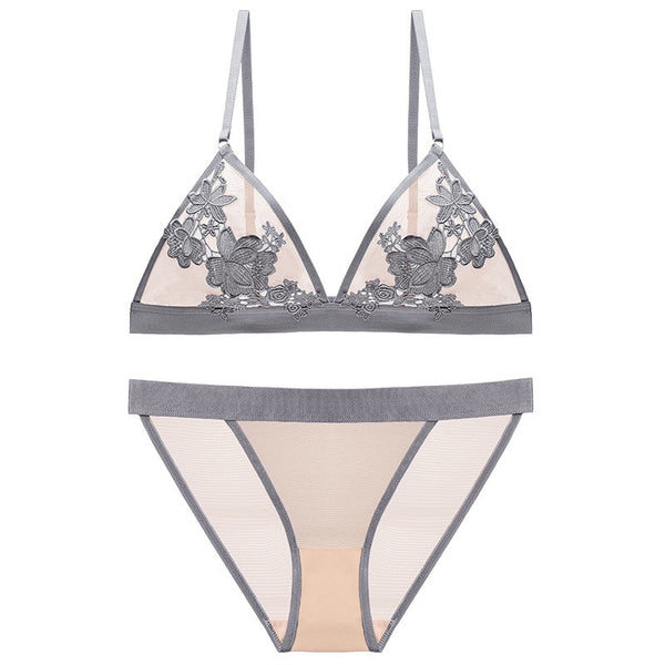 Triangle Bra Set Mesh With Embroidered Flower Applique Plus Mesh Panties 5 Different Color Sets You Choose Tulum Floral Stretch Bralette For Girls Who Love Lemons Sizes Small 32 Medium 34 Large 36 Or Extra Large 38