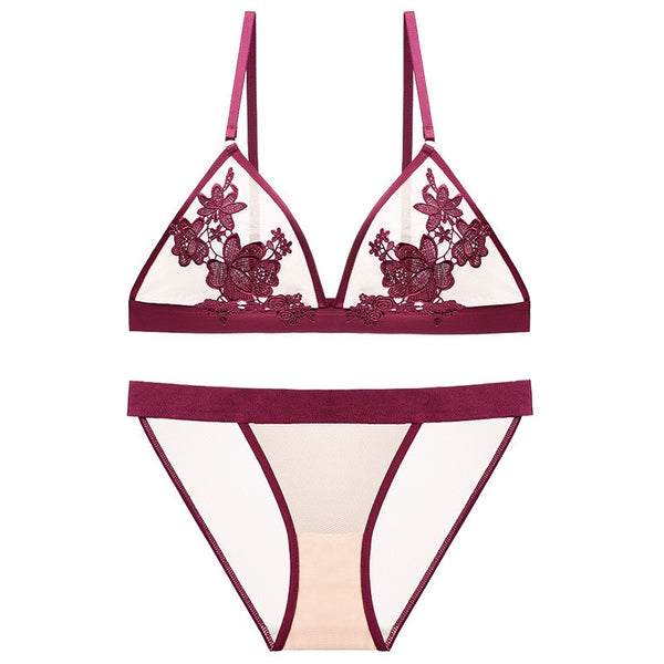Triangle Bra Set Mesh With Embroidered Flower Applique Plus Mesh Panties 5 Different Color Sets You Choose Tulum Floral Stretch Bralette For Girls Who Love Lemons Sizes Small 32 Medium 34 Large 36 Or Extra Large 38