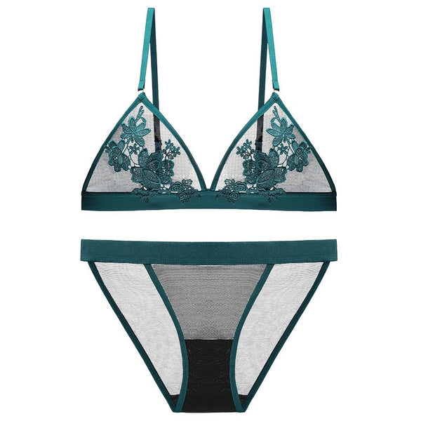 Triangle Bra Set Mesh With Embroidered Flower Applique Plus Mesh Panties 5 Different Color Sets You Choose Tulum Floral Stretch Bralette For Girls Who Love Lemons Sizes Small 32 Medium 34 Large 36 Or Extra Large 38