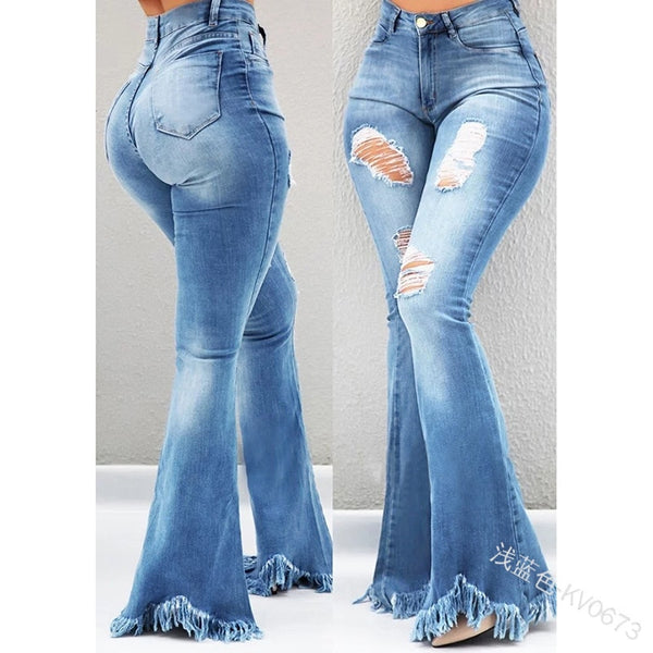 Bell Bottom Jeans Faded Denim High Waist Flare Pants Ripped Holes Destroyed Fringed Hem Boho Festival Hippie Available In Dark Wash & Black Too! Small Medium Large Extra Large XL XXL 2X XXXL 3X Plus Size