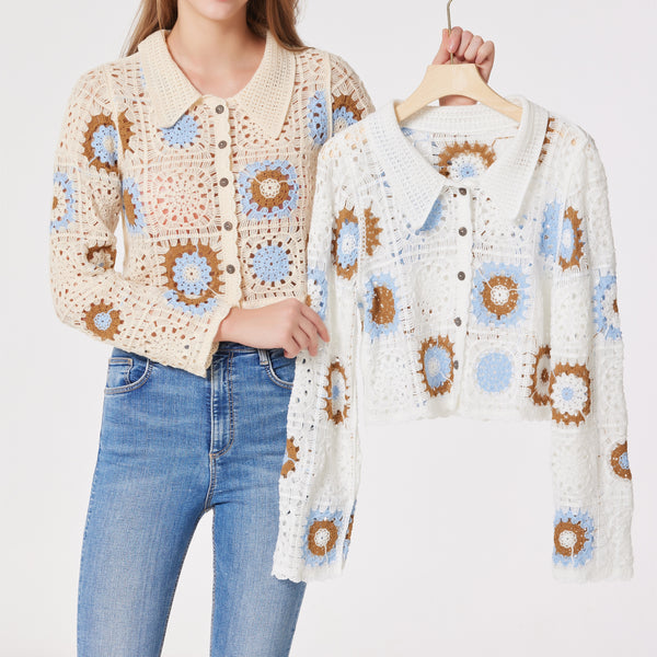 Granny Squares Button Up Collar Shirt White Or Beige With Brown Baby Blue Midrift Boho Sweater Cardigan Knitted Bohemian Long Sleeve Top One Size
