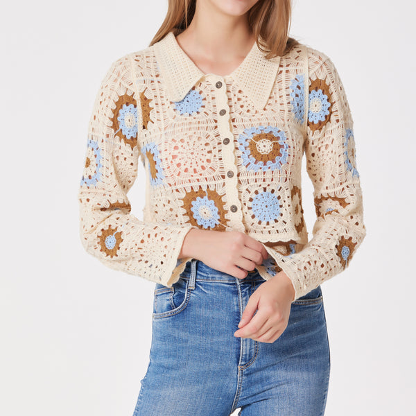 Granny Squares Button Up Collar Shirt White Or Beige With Brown Baby Blue Midrift Boho Sweater Cardigan Knitted Bohemian Long Sleeve Top One Size
