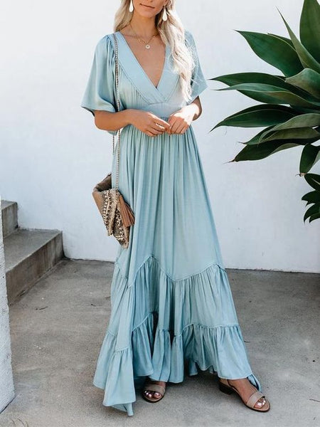 Bohemian Maxi Dress Short Fluttered Sleeves Tiered Skirt Deep V Plunge Neck Light Baby Blue Orange Sherbert Gray Pink Or Sage Green Available In Sizes Small Medium Large XL Or Plus Size XXL 2X Works Great For Maternity Sizes Too