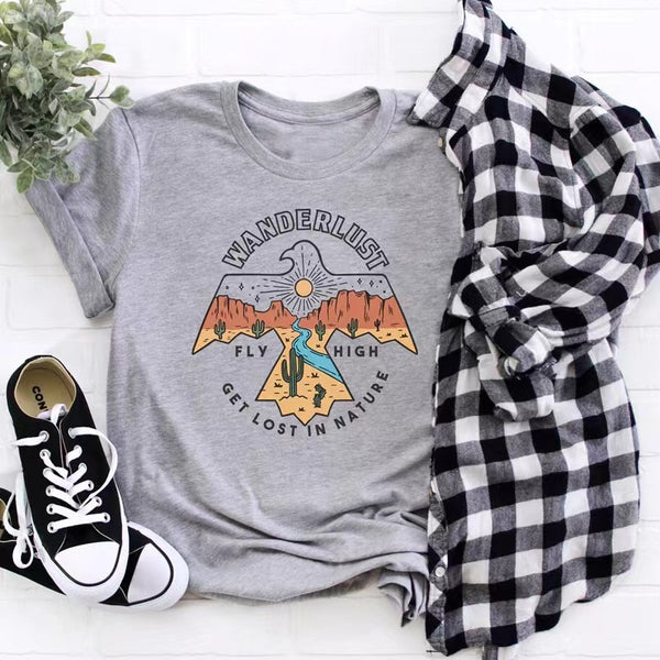 Wanderlust T Shirt In White Beige Or Gray Southwestern Thunderbird "Get Lost In Nature" Desert Mountains Cactus Sunset Graphics Sizes XS Small Medium Large Or XL