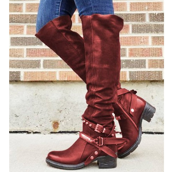 Over The Knee Riding Boots In Brown Black Or Red Knee High Boho Biker Chick Boots Studded Ankle Straps And Buckles Available In Sizes 5 - 10.5