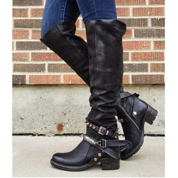 Over The Knee Riding Boots In Brown Black Or Red Knee High Boho Biker Chick Boots Studded Ankle Straps And Buckles Available In Sizes 5 - 10.5
