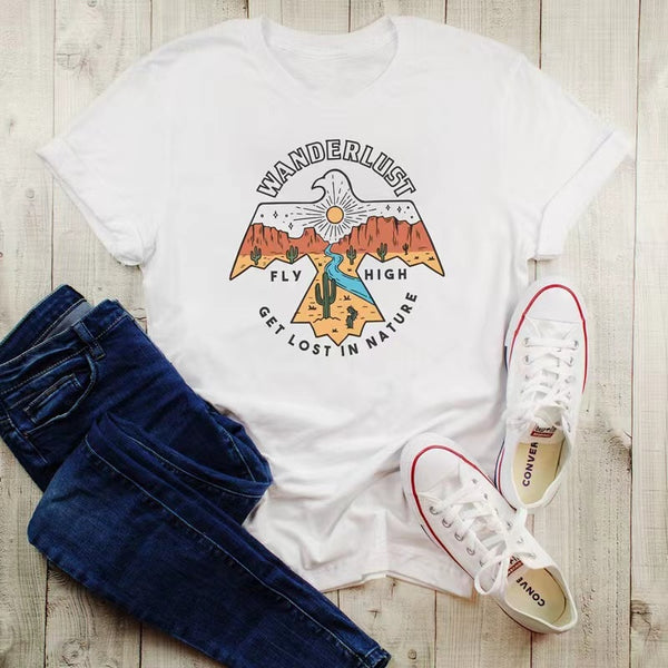 Wanderlust T Shirt In White Beige Or Gray Southwestern Thunderbird "Get Lost In Nature" Desert Mountains Cactus Sunset Graphics Sizes XS Small Medium Large Or XL