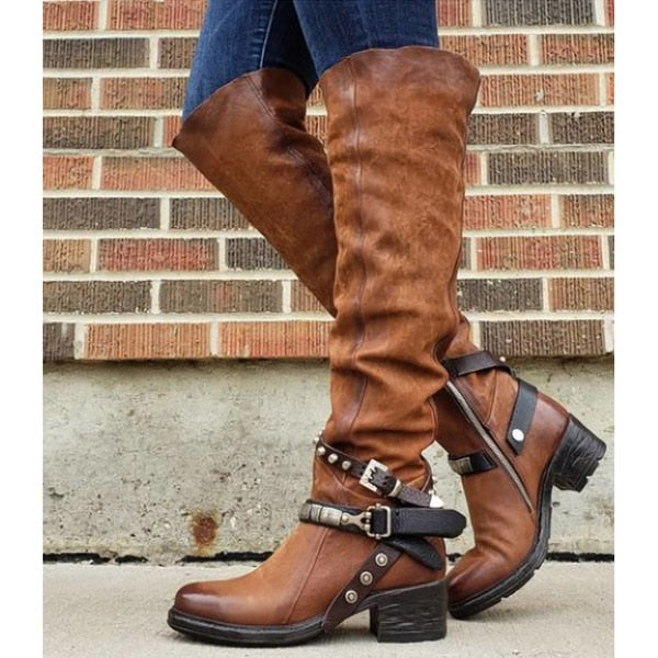 Over The Knee Riding Boots In Brown Black Or Red Knee High Boho Biker Chick Boots Studded Ankle Straps And Buckles Available In Sizes 5 - 10.5