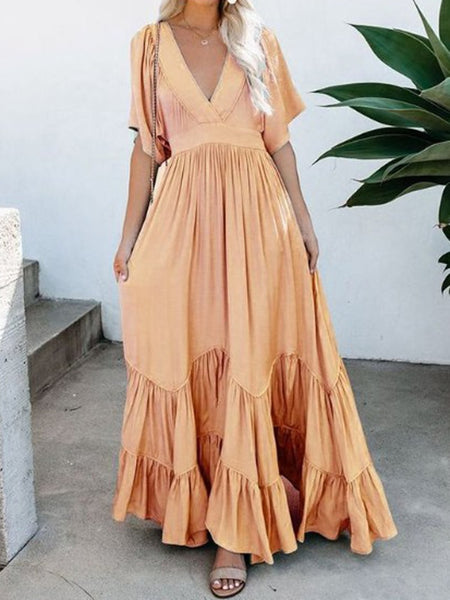 Bohemian Maxi Dress Short Fluttered Sleeves Tiered Skirt Deep V Plunge Neck Light Baby Blue Orange Sherbert Gray Pink Or Sage Green Available In Sizes Small Medium Large XL Or Plus Size XXL 2X Works Great For Maternity Sizes Too