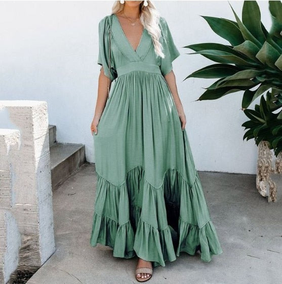 Bohemian Maxi Dress Short Fluttered Sleeves Tiered Skirt Deep V Plunge Made4Walkin Bohemian Maxi Dress Short Fluttered Sleeves Tiered Skirt Deep V Plunge Made4Walkin