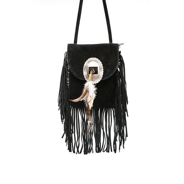 Fringe Crossbody Bag Vegan Suede Leather With Concho And Feathers Boho Messenger Bag Choose Brown Black Or Gray Wear Your Purse As A Cute Accessory!