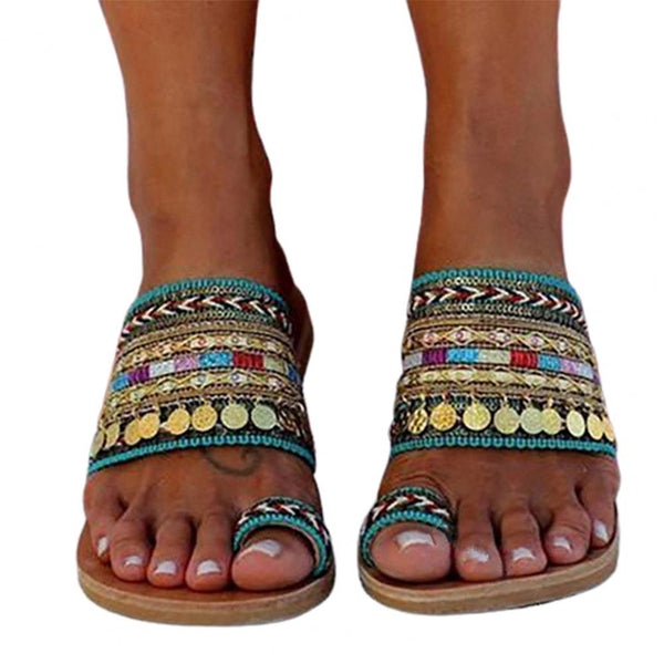Gypsy Coin Sandals Boho Aztec Flip Flops With Toe Loops Bohemian Slippers Multi Colored Slip On Shoes With Toe Rings