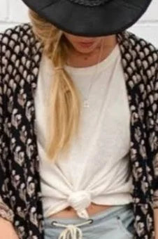 Spell And The Gypsy Bohemian Royale Kimono One Size Long With Black Crochet Fringe Bell Sleeves Made In India Style Hippie Print With Tan Brown And Beige