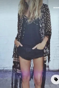 Spell And The Gypsy Bohemian Royale Kimono One Size Long With Black Crochet Fringe Bell Sleeves Made In India Style Hippie Print With Tan Brown And Beige