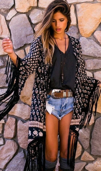 Spell And The Gypsy Bohemian Royale Kimono One Size Long With Black Crochet Fringe Bell Sleeves Made In India Style Hippie Print With Tan Brown And Beige