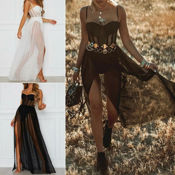 Mesh High Waist Bodysuit With Maxi Skirt Connected Black Or White Mesh Teddy With Long See Through Skirt Beach Dress Or Wear It To A Festival Available In Small Medium Large Or XL