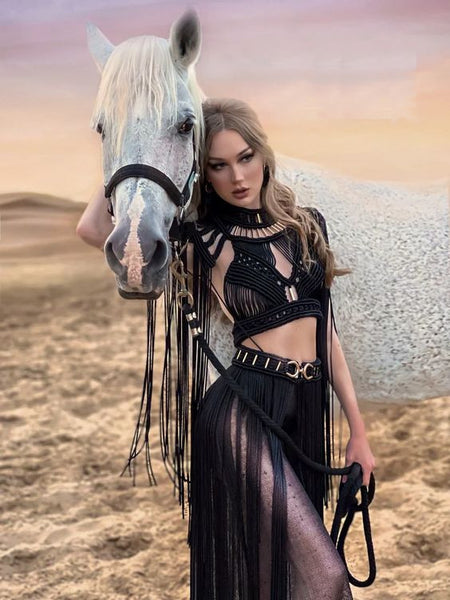 Festival Muse Costume Crochet Choker Shoulder Piece & Maxi Skirt Long Fringe 4 Colors To Choose From Or Choose Epic String Front Top One Size Coachella Lollapalooza Bonnaroo