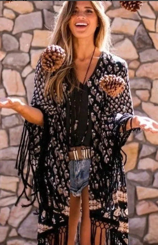 Spell And The Gypsy Bohemian Royale Kimono One Size Long With Black Crochet Fringe Bell Sleeves Made In India Style Hippie Print With Tan Brown And Beige