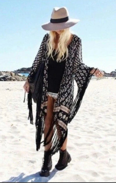 Spell And The Gypsy Bohemian Royale Kimono One Size Long With Black Crochet Fringe Bell Sleeves Made In India Style Hippie Print With Tan Brown And Beige