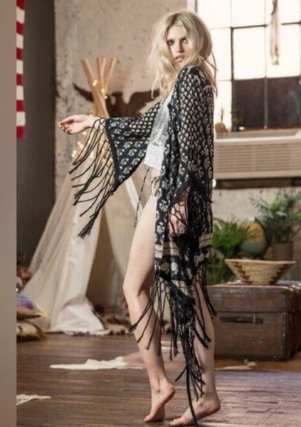 Spell And The Gypsy Bohemian Royale Kimono One Size Long With Black Crochet Fringe Bell Sleeves Made In India Style Hippie Print With Tan Brown And Beige
