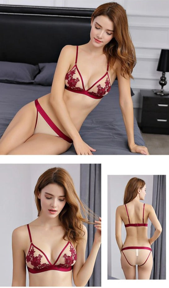 Triangle Bra Set Mesh With Embroidered Flower Applique Plus Mesh
