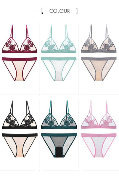 Triangle Bra Set Mesh With Embroidered Flower Applique Plus Mesh Panties 5 Different Color Sets You Choose Tulum Floral Stretch Bralette For Girls Who Love Lemons Sizes Small 32 Medium 34 Large 36 Or Extra Large 38
