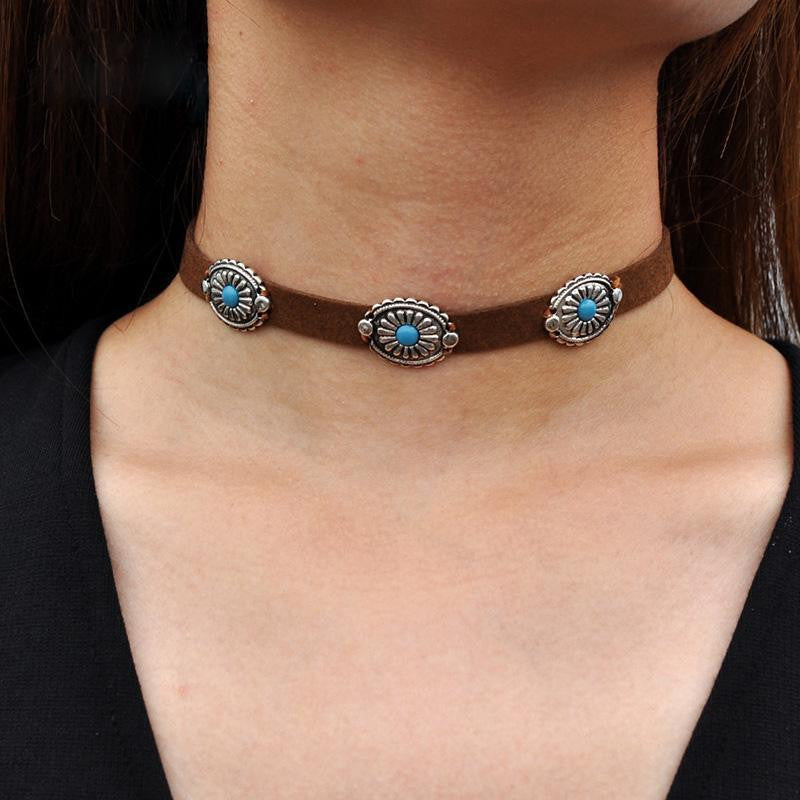 Concho Choker With Turquoise Centers On Vegan Tan Suede Necklace