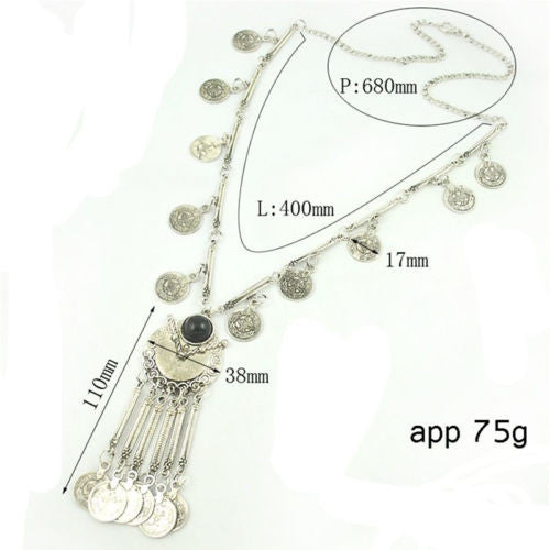 Long Gypsy Coin Necklace Silver Tone With Black Stone Center Dangling Jingling Coins Bohemian Jewelry