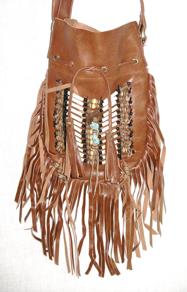 Dreamweaver Genuine Leather Crossbody Purse Boho Fringe Indian