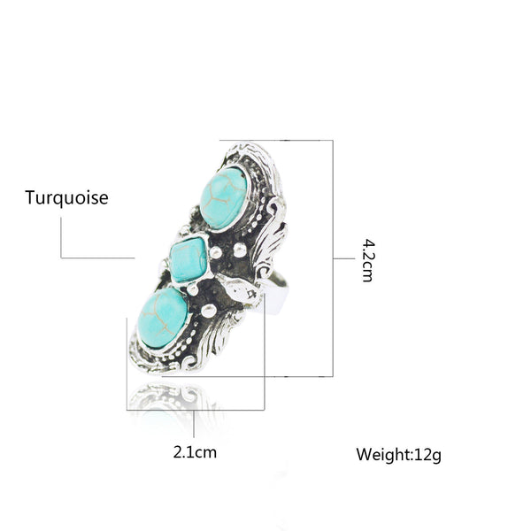 Long Gypsy Triple Turquoise Stone Ring Adjustable One Size Silver Tone Southwestern Statement Festival Jewelry