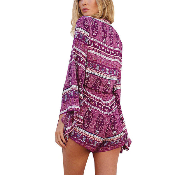 Boho Romper "Gypsy Love" Purple Tie Front Playsuit With Kimono Bell Sleeves Sizes Small Medium Large Or Extra Large XL