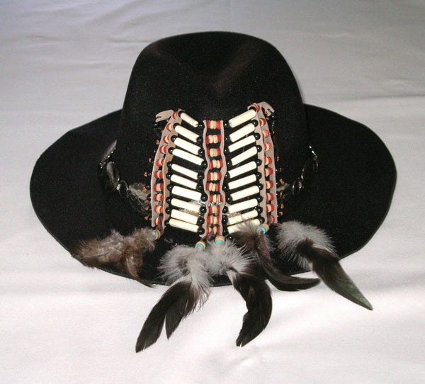 Tribal Festival Hat Black Wide Brim Fedora Indian Hairpipe Beads Silver Conchos Natural Feathers Handmade One Of A Kind