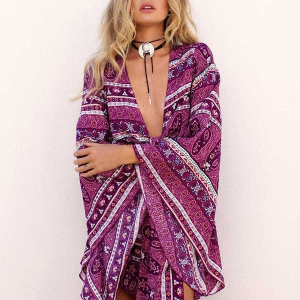 Boho Romper "Gypsy Love" Purple Tie Front Playsuit With Kimono Bell Sleeves Sizes Small Medium Large Or Extra Large XL