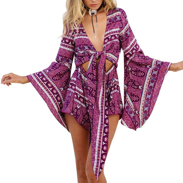 Boho Romper "Gypsy Love" Purple Tie Front Playsuit With Kimono Bell Sleeves Sizes Small Medium Large Or Extra Large XL