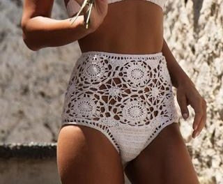 High Waist Crochet Bikini Boho White Off The Shoulder Lace Up Front Top With High Waisted Bottoms Tassel Ties Festival Or Beach Sizes Small Medium Or Large