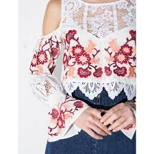 Bell Sleeve Embroidered Top "Cecelia" Bohemian White With Lace And Red & Pink Embroidery Cold Shoulder Midrift Shirt Small Medium Or Large