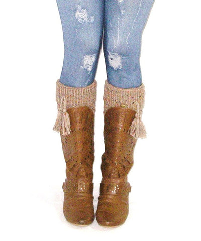 Confetti Boot Cuffs With Tassels Boho Tan Light Brown Cuffed Cable Knit Speckled One Size